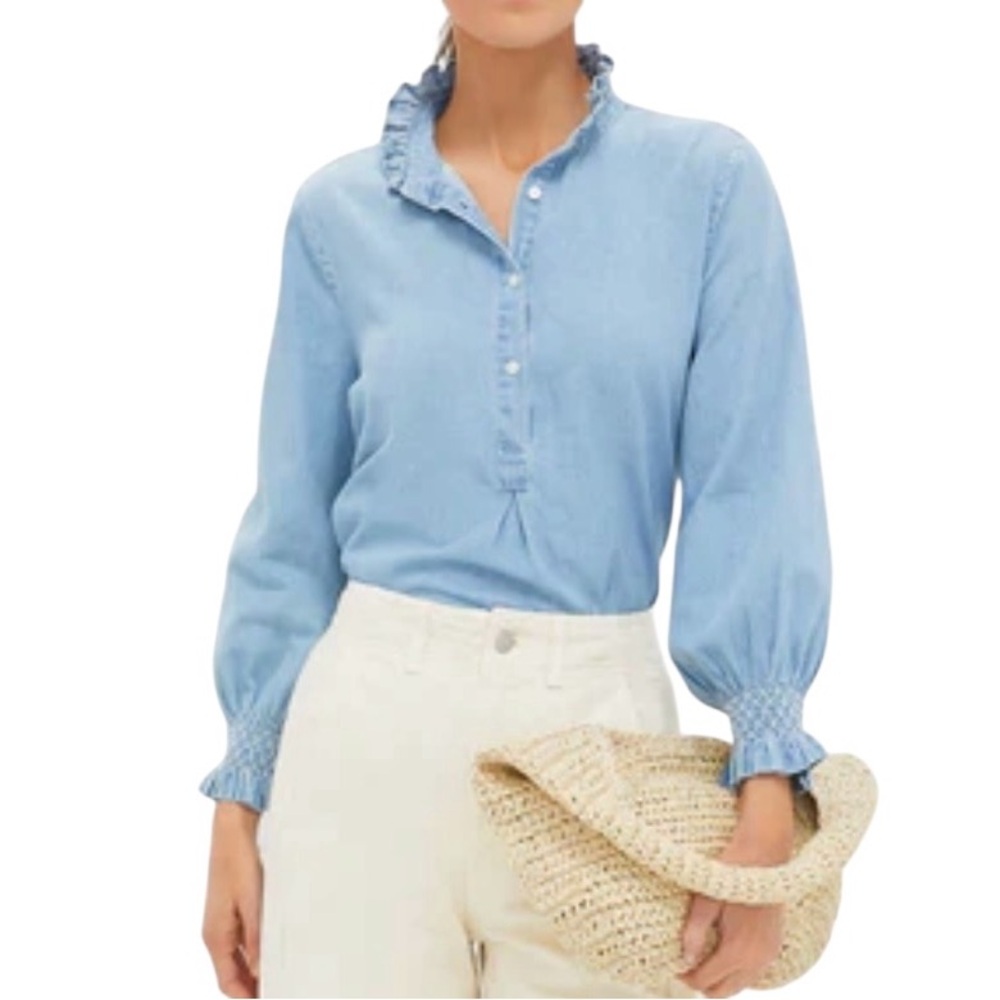 Tuckernuck Chambray Teagan Ruffle Neck 3/4 Sleeve Pullover Top - XXL